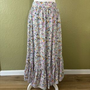 Free People Women's L Smocked Waist Ruffle Tier Maxi Skirt Multi Floral Prairie